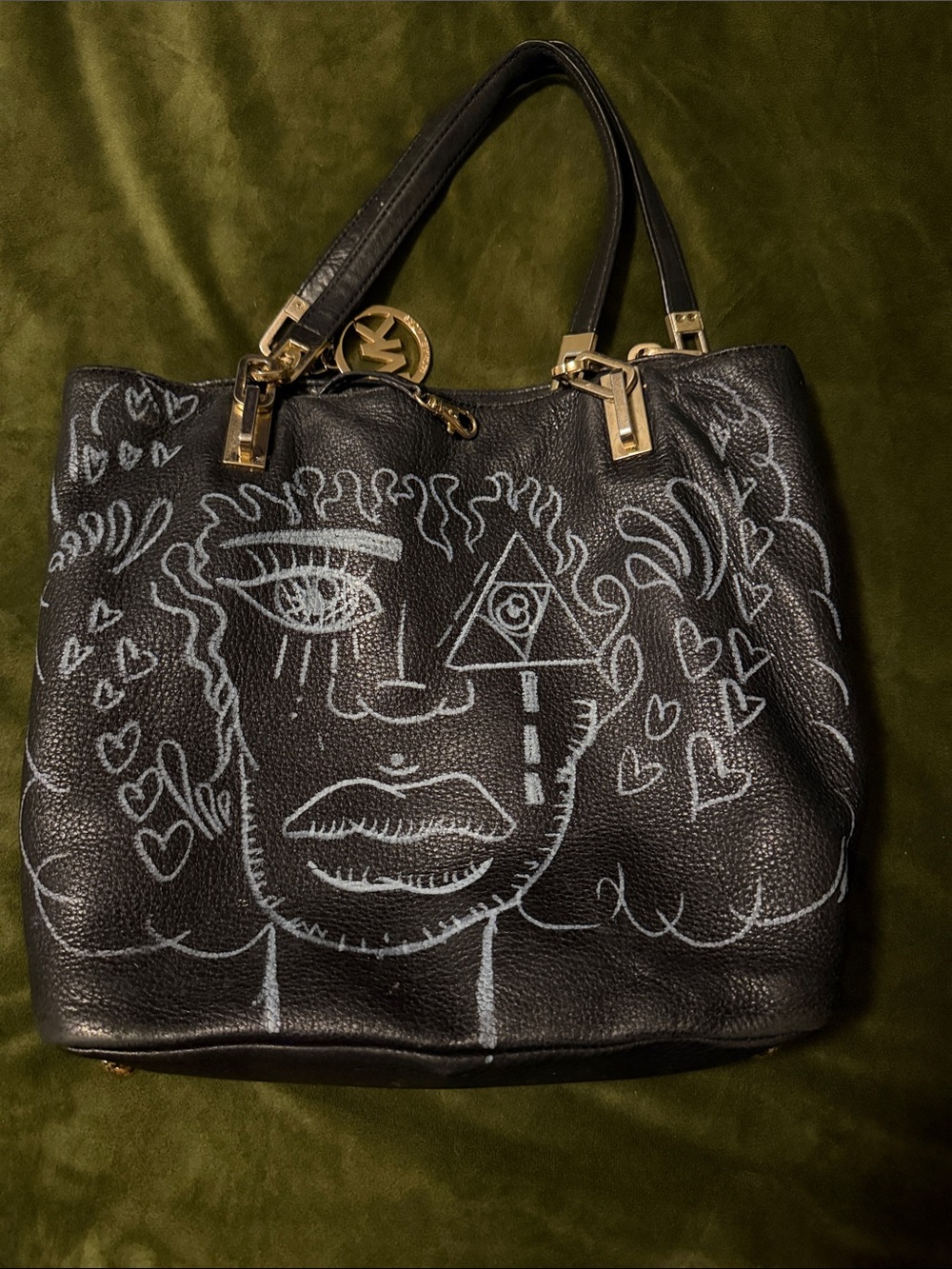 Black Leather Tote with White Artistic Sketch